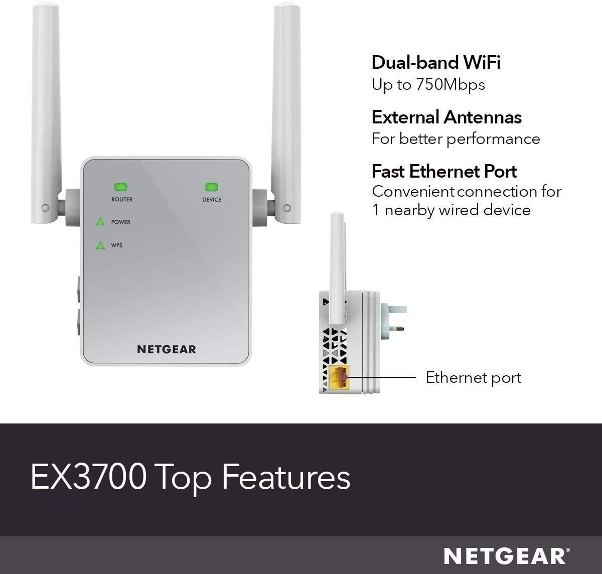 NETGEAR WiFi Booster Range Extender - Covers up to 1000 sq ft and 15 Devices with AC750 Dual Band Wireless Signal Repeater (up to 750 Mbps) and Compact Wall Plug Design with UK Plug (EX3700) WP Smart Home