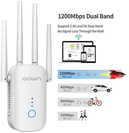 JOOWIN WiFi Booster WiFi Extender Booster 1200Mbps Dual Band 2.4G/5.8G WiFi Range Extender Wireless WiFi Signal Booster WiFi Repeater Router Access Point Mode WP Smart Home