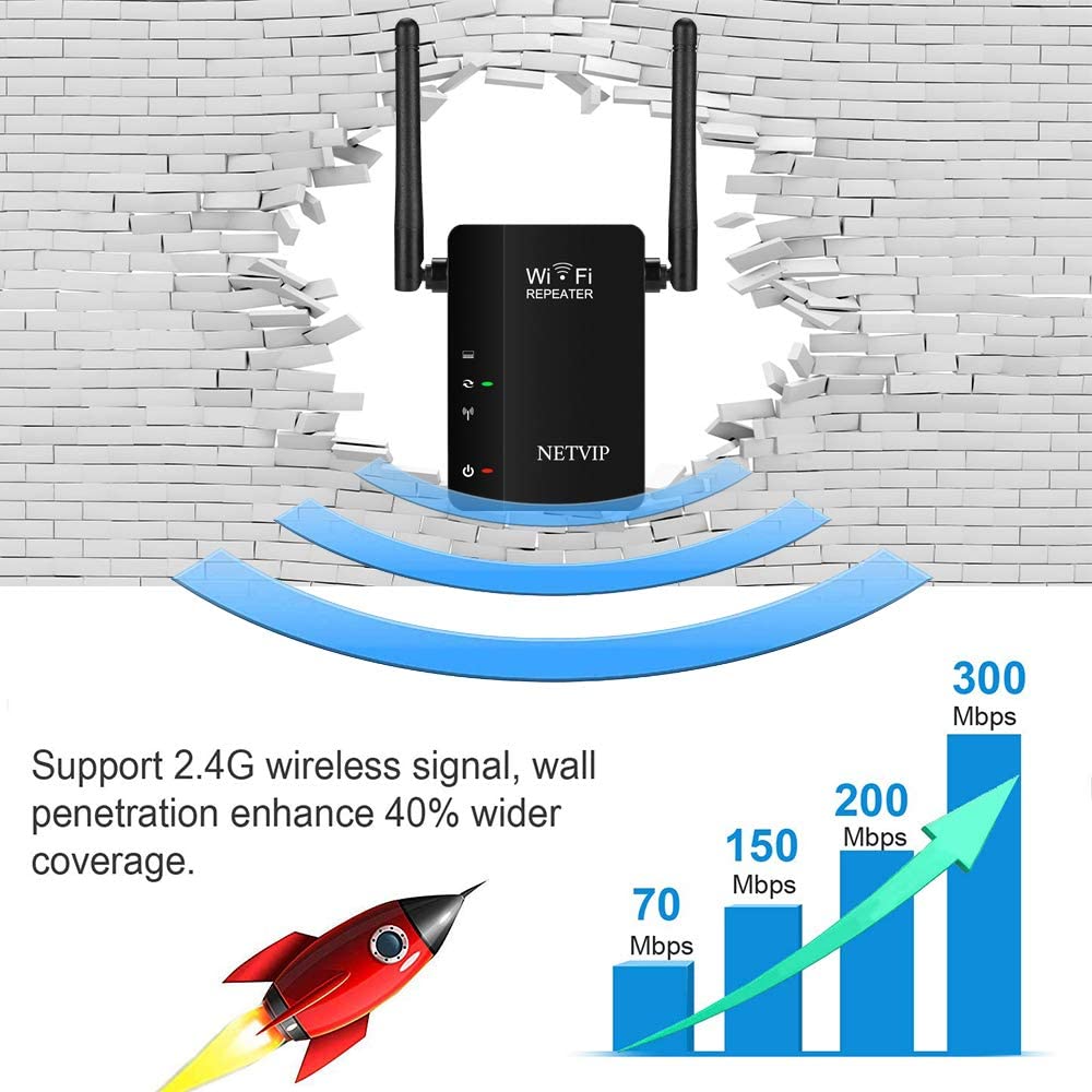 NETVIP Wifi Extender Wireless Repeater WiFi Booster 300Mbps 2.4GHz,AP Repeater Mode With Dual External Antennas Amplifier Wifi Range Extender Wifi Repeater Universal Comply With 802.11n/g/b - Black WP Smart Home