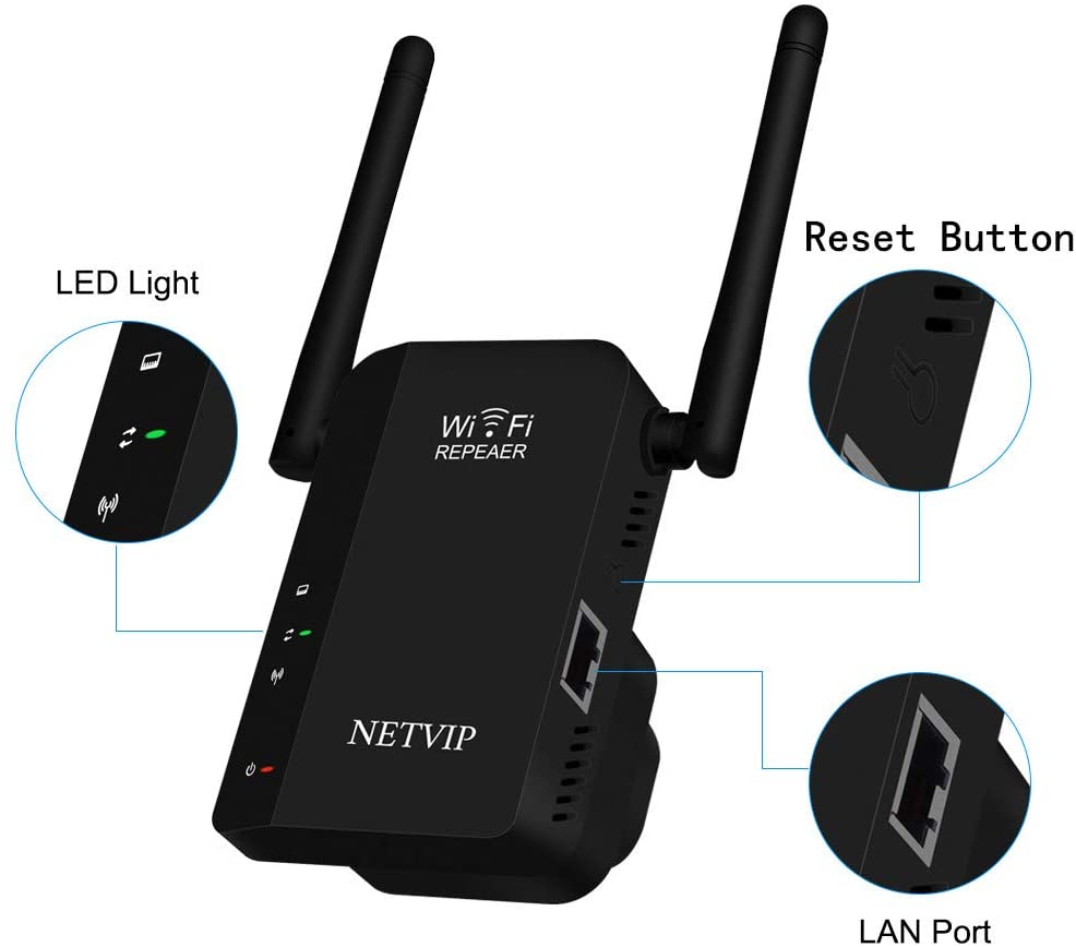 NETVIP Wifi Extender Wireless Repeater WiFi Booster 300Mbps 2.4GHz,AP Repeater Mode With Dual External Antennas Amplifier Wifi Range Extender Wifi Repeater Universal Comply With 802.11n/g/b - Black WP Smart Home